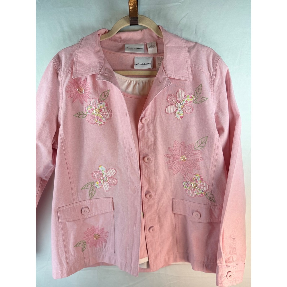 Alfred Dunner Pink Floral Embroidered Jacket and Top Set Womens Size 10